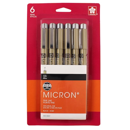 Sakura Pigma Micron Pens, Black, Size 03, Blister Card, 6PK 50037