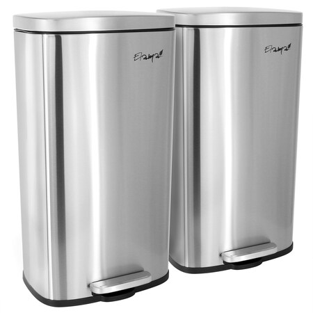 Elama 2 pc 8Gal 30L Rectangular Stainless Steel Twin Step Trash Bins with Slow Close in Matte Silver EL-H8-30-30L