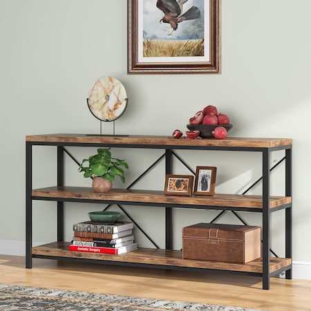 Kioottoo 55'' Industrial Rustic Brown Console Table with 3-Tier Storage Shelves TB-U0119
