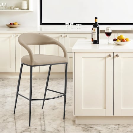 Homeroots 30" Beige and Black Faux Leather and Iron Low Back Bar Height Bar Chair 569187