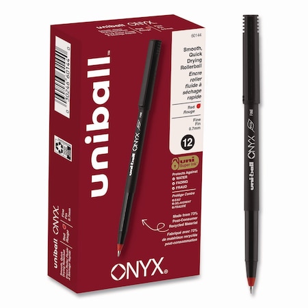 Uni-Ball ONYX Stick Roller Ball Pen, Fine 0.7mm, Red Ink, Black Barrel, PK12 60144