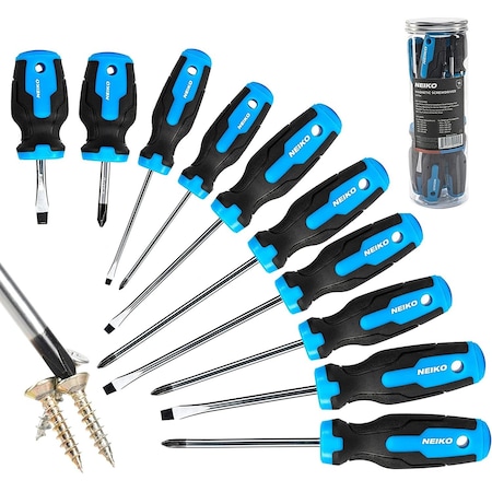Neiko Magnetic Screwdriver Set, 10 Piece, Slotted Head Tip with Non-Slip Cushioned Handle Grips 01378A