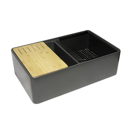 Alfi Brand Grey Matte Workstation 33''X20'' Double Bowl Step Rim Fireclay Farm Sink W/ Accessories ABFS3320D-GM