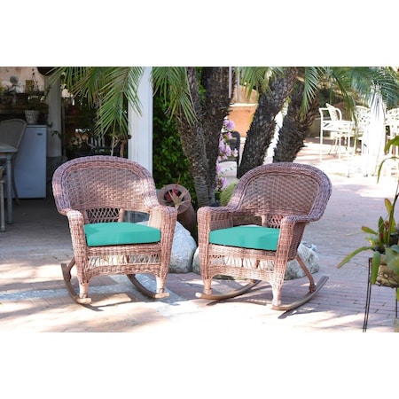 Jeco W00205R-C-2-FS032 Honey Rocker Wicker Chair with Turquoise Cushion, 2PK W00205R-C_2-FS032