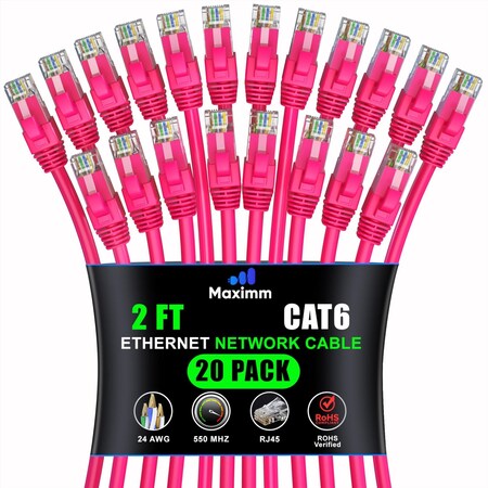 Maximm Cat6 Ethernet Cable 2ft 10Gbps 550MHz UTP, 20PK, Pink, 20PK CAT6CCA-2PN-20PK