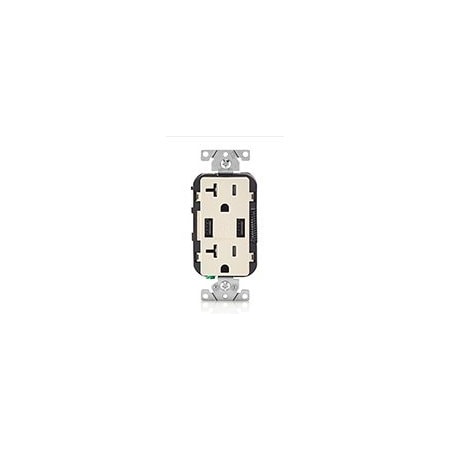 Leviton USB Charger/Duplex Tamper-Resistant Receptacle, 3.6/20 Amp, 125 Volt, NEMA 5-20R, Light Almond T5832-T