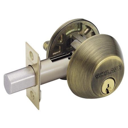 Schlage B60609 Deadbolt, Antique Brass, 238 x 234 in Backset, C Keyway B60N609