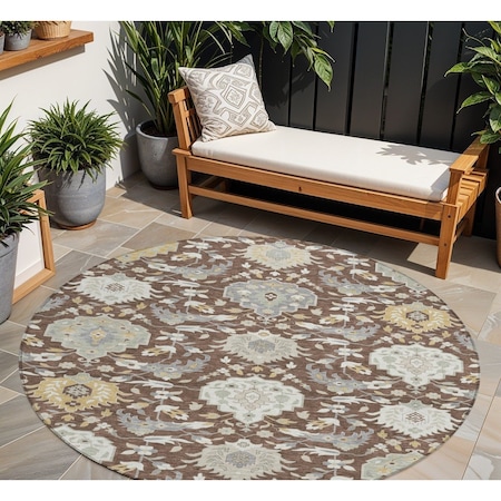 Homeroots 8' Brown Gray And Ivory Round Damask Washable Indoor Outdoor Area Rug 599402