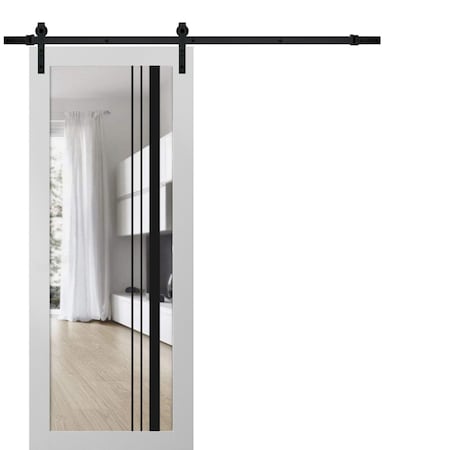 Sartodoors Sturdy Barn Door Clear Tempered Glass, Lucia 2566 White Silk and Aluminum Strips, 6.6FT Black Rail LUCIA2566BD-B-WS-28 x 80