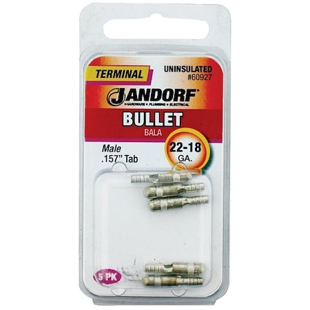 Jandorf Bullet Terminal, 600 V, 22 to 18 AWG Wire, Copper Contact, 5PK 60927