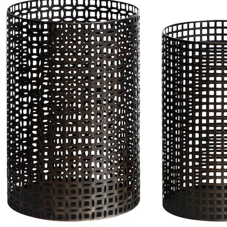 Homeroots Set of Five Dark Brown Pierced Geometric Metal Tabletop Hurricane Candle Holders, 5PK 636204
