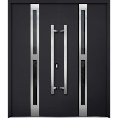 Vdomdoors Steel Double Doors Deux 1755 Black Enamel 2 Sidelight Exterior Windows Stainless Inserts Single Mod DEUX1755DEXD-BLK-W12+72+12 x H80