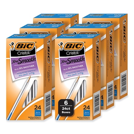 Bic Cristal Xtra Smooth Ballpoint Pen, Stick, Medium 1 mm, Blue Ink, Clear Barrel, 144PK MS144E-BLU