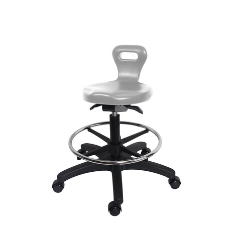 Blue Ridge Ergonomics Poly Serpent Sit-Stand Stool - Medium Bench Height with Chrome Foot Ring & Casters in Gray Poly PSPMBSO-RG-CF-RC-GRY