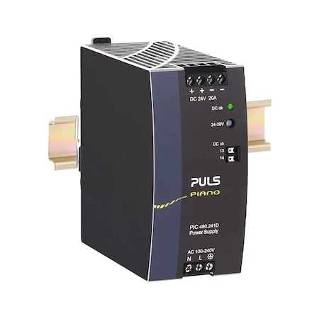 Puls Din Rail Power Supplies for 1-Phase System, 24V, 20A, DC-Ok Relay Contact PIC480.241D