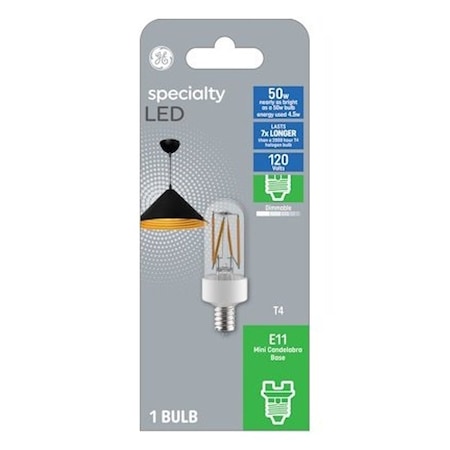 Ge LED Bulb, T4 Lamp, 50 W Equivalent, E11 Mini Candelabra Lamp Base, Dimmable 93129027