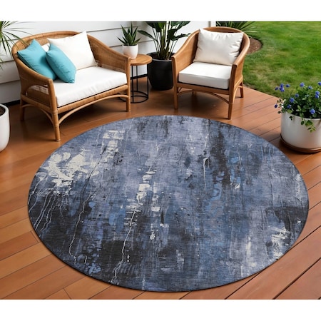 Homeroots 8' Blue And Ivory Round Abstract Washable Indoor Outdoor Area Rug 617652