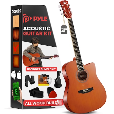 Pyle Steel String Acoustic Guitar Kit, 4/4 Full Size Cutaway All-Wood Guitarra Acustica with Premium PGSTGR007LB