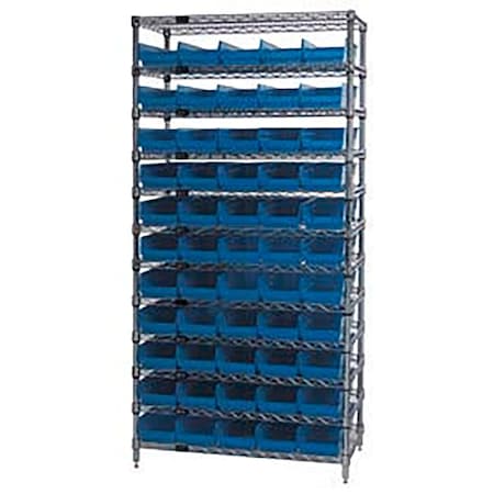 Global Industrial Chrome Wire Shelving with 55 4"H Plastic Shelf Bins Blue, 36x24x74 268977BL