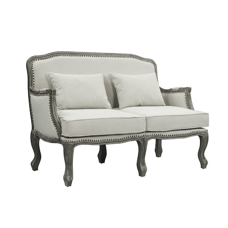 Homeroots 56in Cream And Gray Linen Loveseat and Toss Pillows 515737