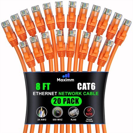 Maximm Cat6 Ethernet Cable 8ft 10Gbps 550MHz UTP, 20PK, Orange, 20PK CAT6CCA-8OR-20PK