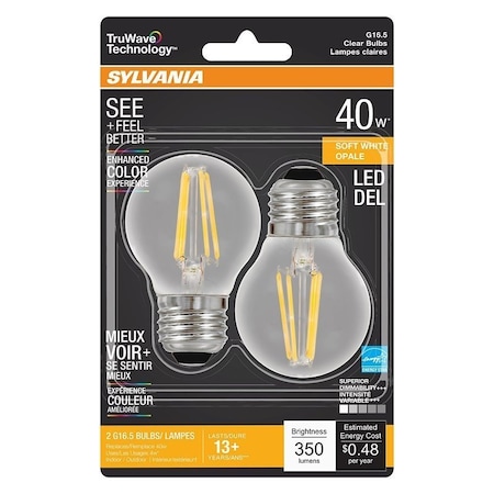 Sylvania Natural LED Bulb, Globe, G165 Lamp, 40 W Equivalent, E26 Lamp Base, Dimmable, Clear 40847
