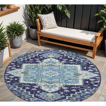 Homeroots 8' Navy Blue Ivory And Black Round Oriental Washable Indoor Outdoor Area Rug 600170
