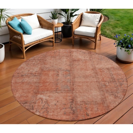 Homeroots 8' Salmon Copper And Gray Round Patchwork Washable Indoor Outdoor Area Rug 581613