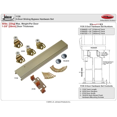 Le Johnson Track Set Bypass Door 60 in L Steel Goldtone - 50 Lbs 1138602D