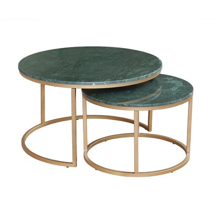 Homeroots Set Of Two Green and Gold Genuine Marble and Iron Round Frame Nested Coffee Tables, 2PK 716251