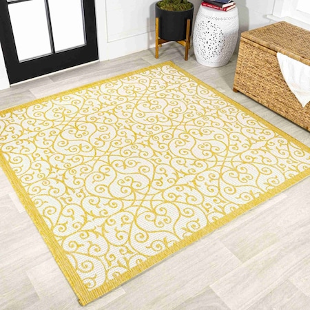 Jonathan Y Madrid Vintage Filigree Textured Weave Cream/Yellow 5 ft Square Indoor/Outdoor Area Rug SMB107D-5SQ