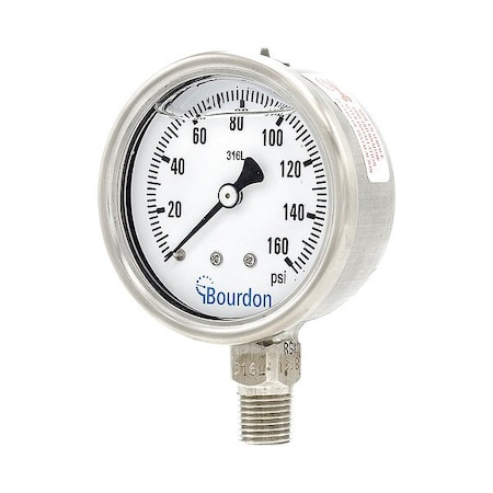 Bourdon Pressure Gauge, 0 to 160 psi, 2 1/2 in Dial, 1/4 in NPT, Bottom Location MEX3-D52.H22/0133