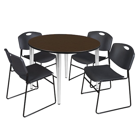 Regency Round Kahlo Breakroom Table W/ 4 Zeng Stack Chairs, 48 in W, 48 in L, Neo Walnut TPL48RNDNWCM44BK