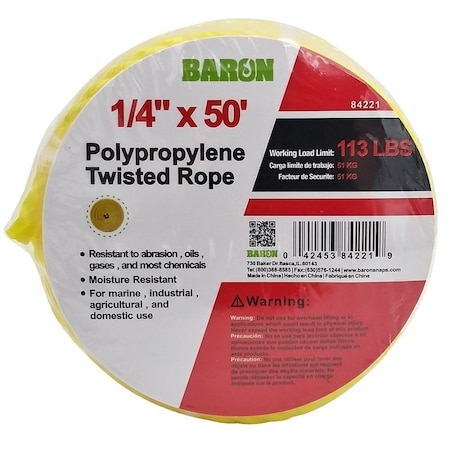 Baron Rope, 1/4 in Dia, 50 ft L, 113 lb Working Load, Polypropylene, Yellow 84221
