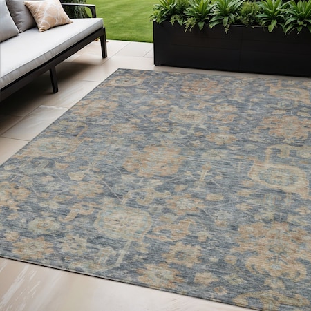 Homeroots 5' X 8' Denim Blue Brown And Beige Damask Washable Indoor Outdoor Area Rug 603846