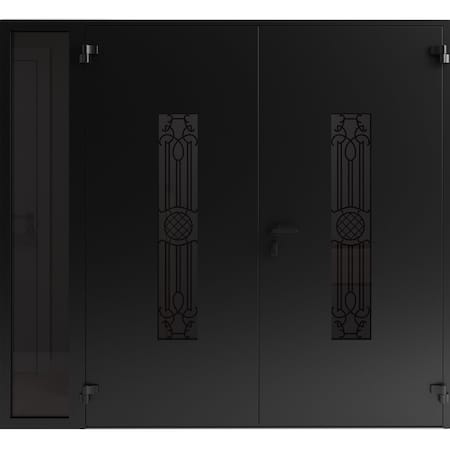 Vdomdoors Front Exterior Prehung Aluminum Double Doors Ronex1477 Black Enamel 1 Sidelight Mirrored Clear RONEX1477DEXD-BLK-W72+14xH96-RH-O
