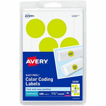 Avery Print or Write Removable Color-Coding Labels, 1-1/4" Dia, Neon Yellow, 400/Pack 5499