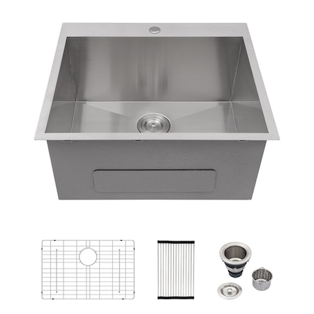Wrightmaster 25 in. Drop-In 16-Gauge Single Bowl Stainless Steel Kitchen Sink with Rolling-Up Rack and Strainer ZOR-T252212A1