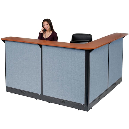 Global Industrial Interion L-Shaped Electric Reception Station, 80"W x 80"D x 46"H, Cherry Counter, Blue Panel 249009ECB