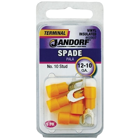 Jandorf Spade Terminal, 600 V, 12 to 10 AWG Wire, #10 Stud, Vinyl Insulation, Copper Contact 60997