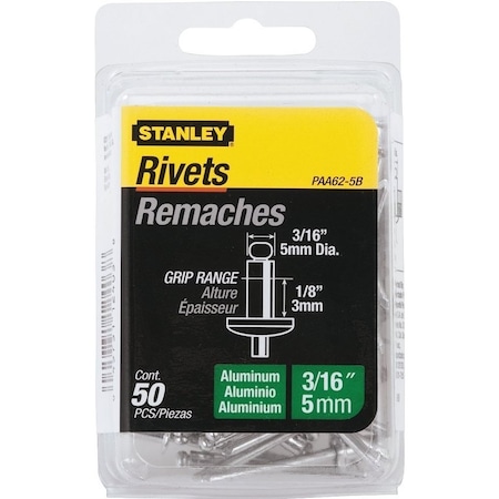 Stanley Pop Rivet, Reusable, 1/8 in Grip, 3/16, 1-1/2 in L, Aluminum, 50/PK, 50PK PAA62-5B