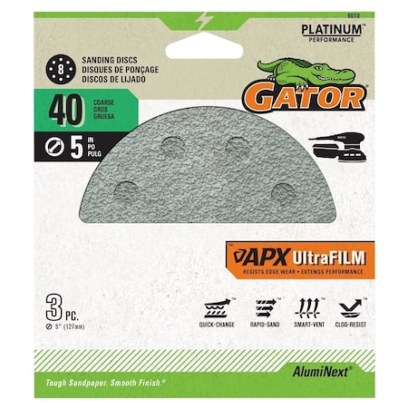 Gator Sanding Disc, 5 in Dia, 40 Grit, Coarse, Aluminum Oxide Abrasive, 8-Hole 9010