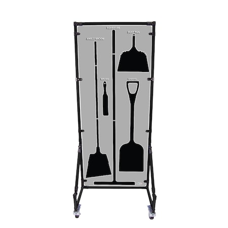 5S Supplies Housekeeping Shadow Board Broom Station V5, Gray / Black Shadows, Kit + Stand, No Text HSB-V5-GRAY/BLACK-KIT-STAND-NO TEXT