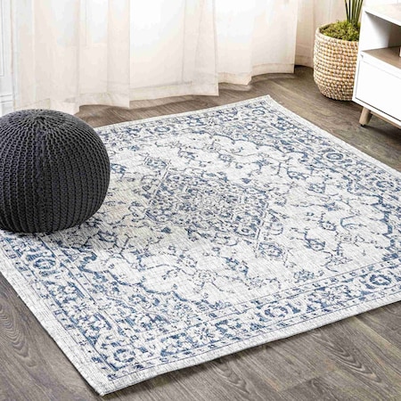 Jonathan Y Rozetta Boho Medallion Textured Weave Gray/Navy 5 ft Square Indoor/Outdoor Area Rug SMB102B-5SQ