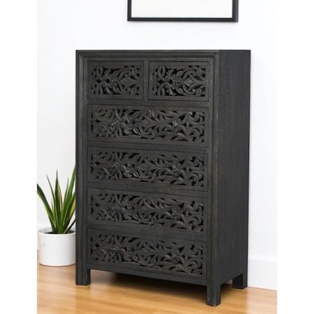Homeroots 35" Black Carved Floral Solid Wood Six Drawer Dresser 569591