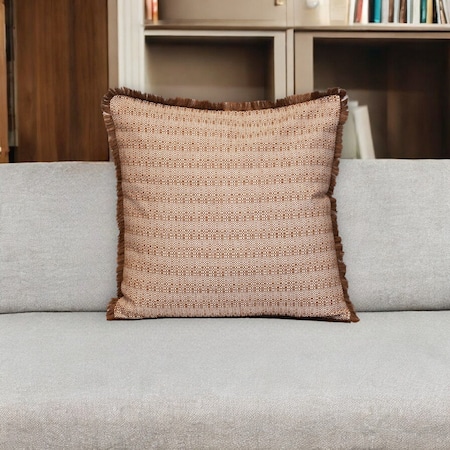 Homeroots 24" Brown and White Striped Cotton Throw Pillow With Fringe 529298