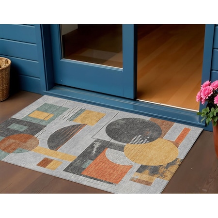 Homeroots 3' X 5' Gray Gold And Orange Geometric Washable Indoor Outdoor Area Rug 618022