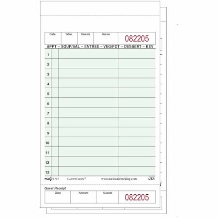 National Checking 2 Part Green Tint Carbonless 13 Line Guest Check 50 Checks, PK40 G4797