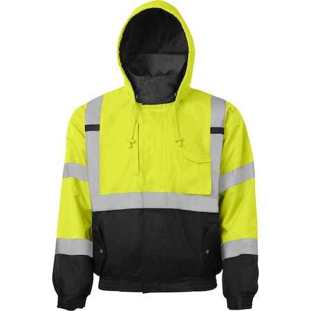 Ironwear Class 3 Two Tone Hi-Vis Reflective Drawstring Hooded Bomber Jacket , Lime. 2X-Large 6400-L-2XL