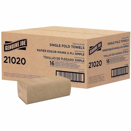 Genuine Joe Genuine Joe Single Fold Paper Towels, 1 Ply, 250 Sheets, Natural, 4000 PK GJO21020